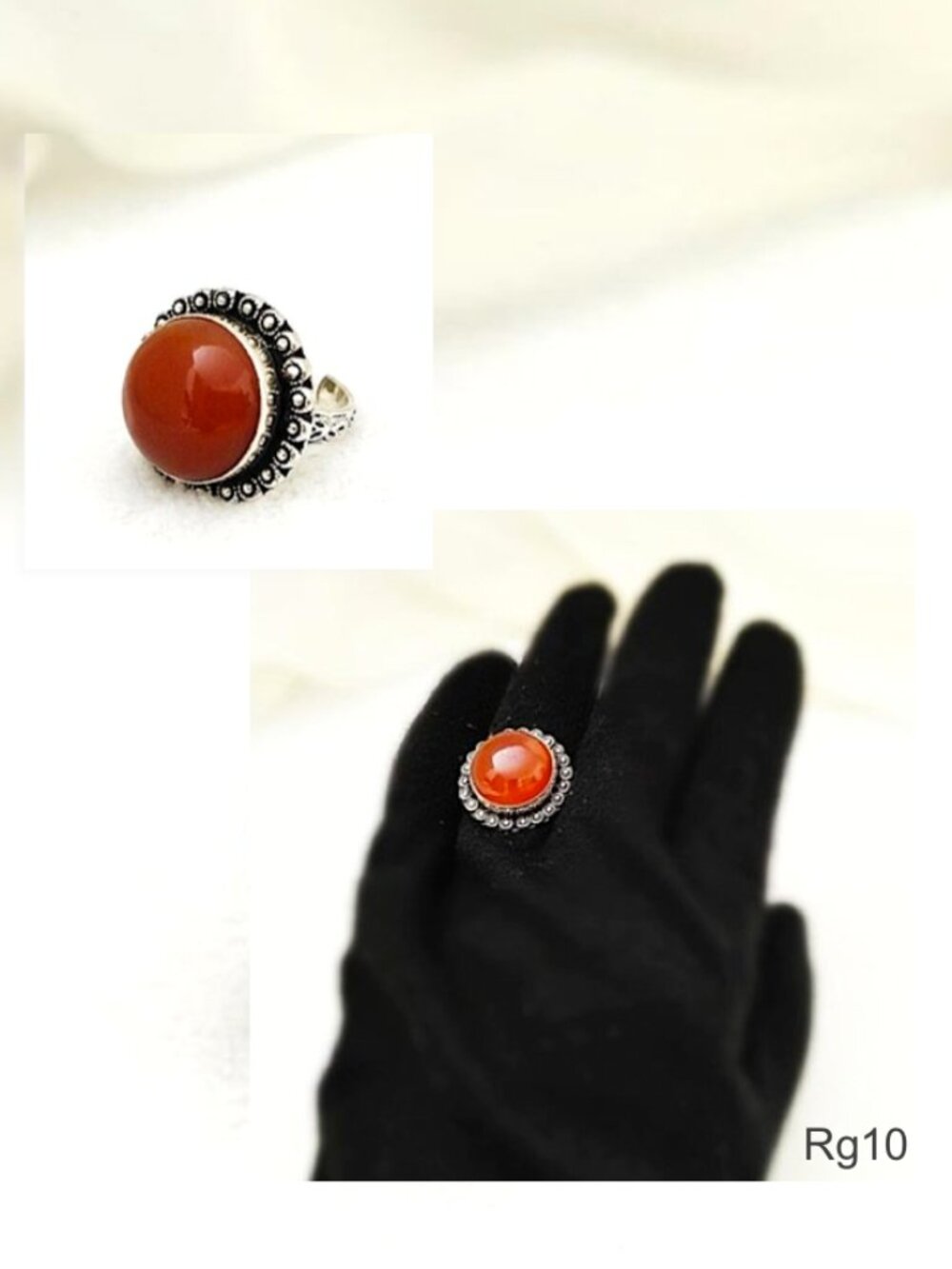 Round Gem Ring CARNELIAN Orange Red Silver Plated